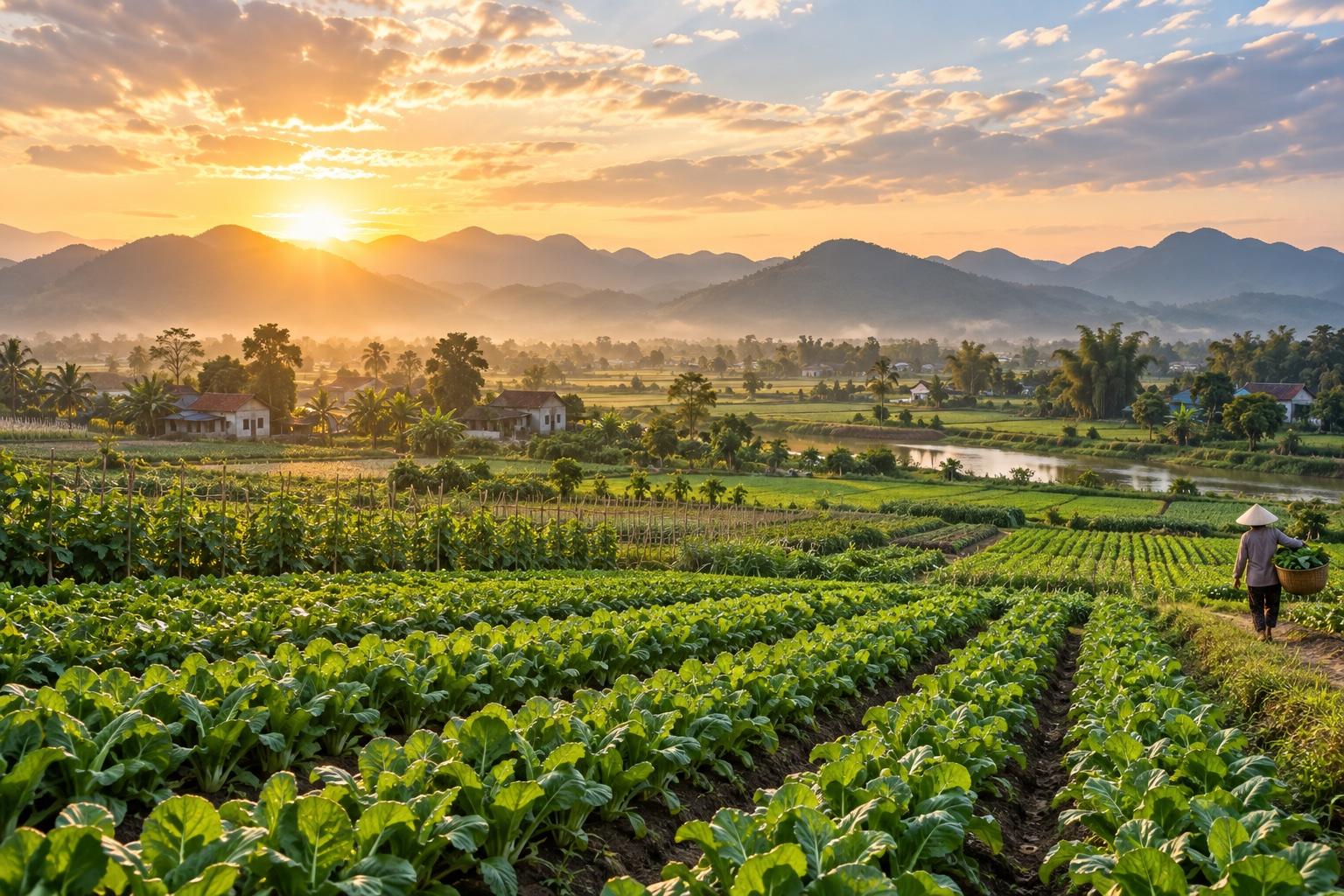 Nông trại xanh ở Việt Nam trong nắng sớm, người nông dân chăm sóc mùa vụ